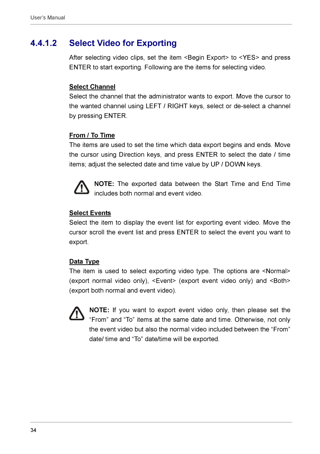 AVE MV DR16X, MV DR8X, AVE DR16X Select Video for Exporting, Select Channel, From / To Time, Select Events, Data Type 