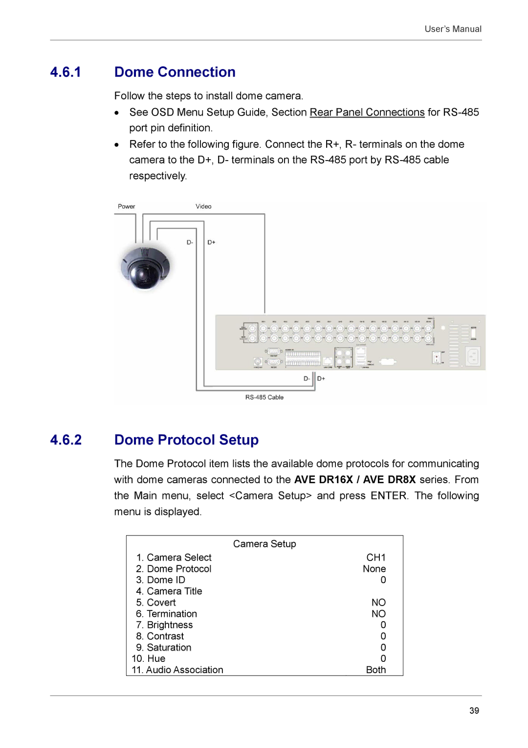 AVE MV DR8X, AVE DR16X, AVE DR8X, MV DR16X user manual Dome Connection, Dome Protocol Setup 