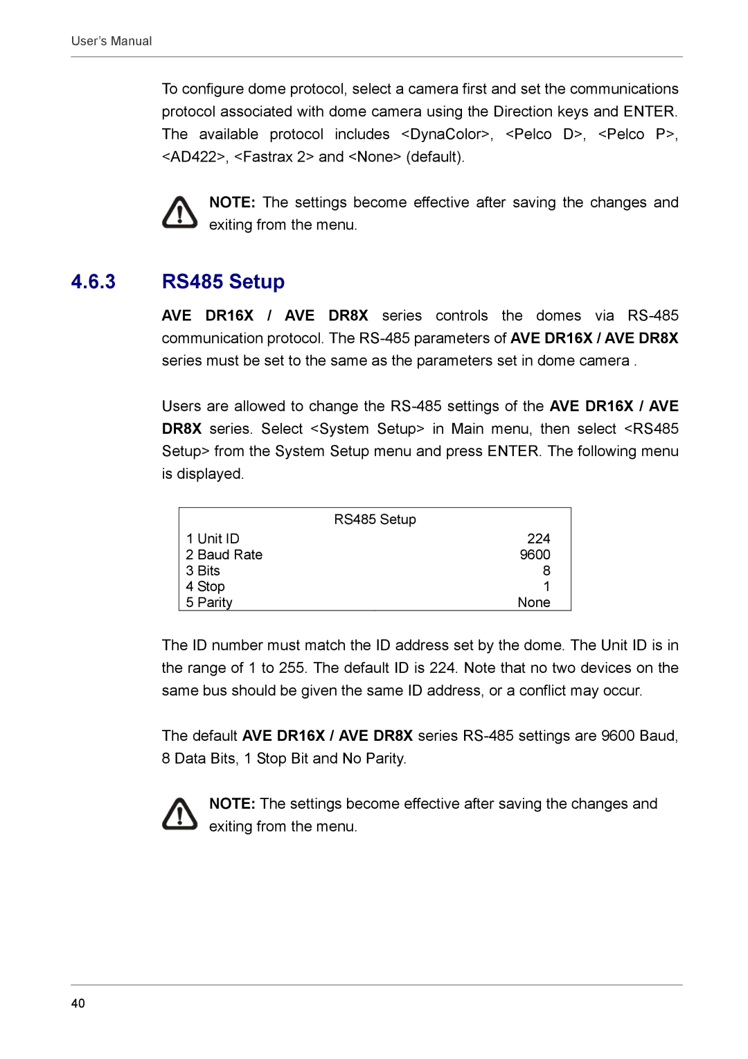 AVE AVE DR16X, MV DR8X, AVE DR8X, MV DR16X user manual 3 RS485 Setup 