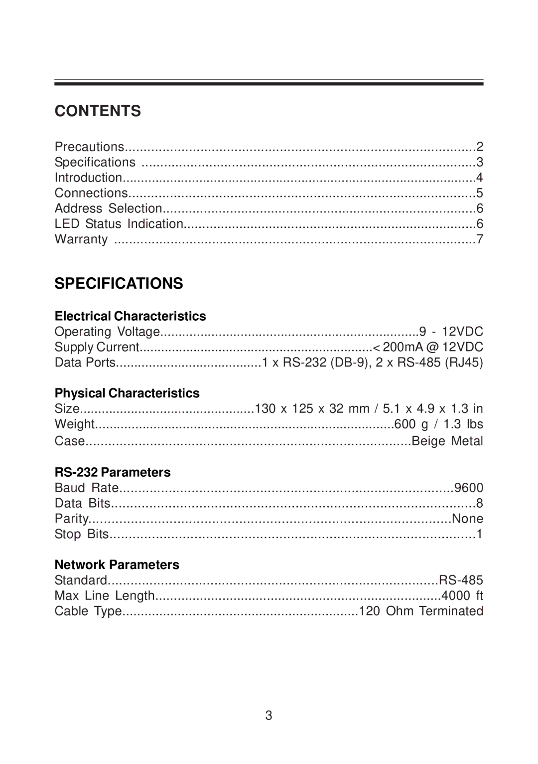 AVE RS-485 operation manual Contents, Specifications 