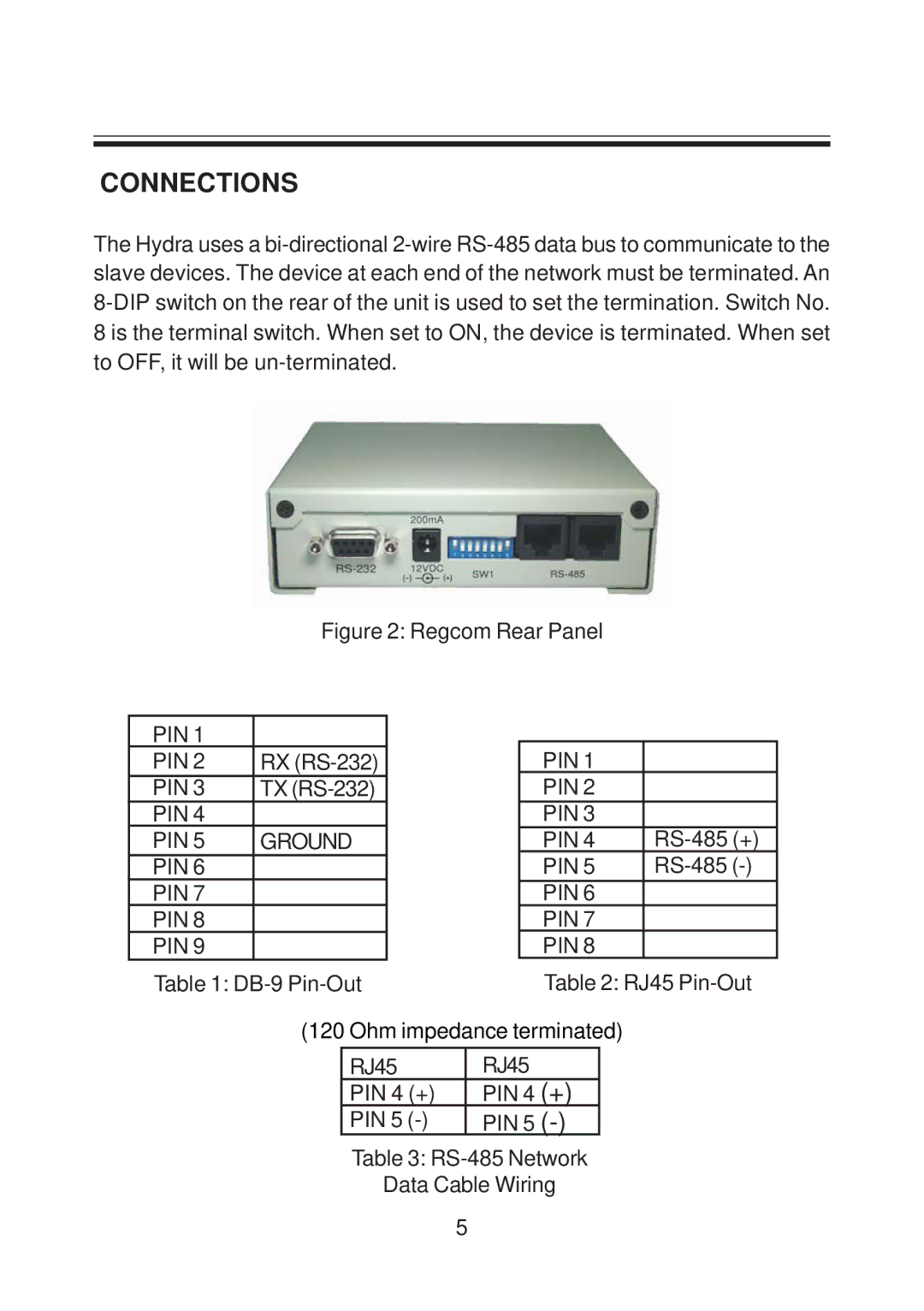 AVE RS-485 operation manual Connections, Regcom Rear Panel 