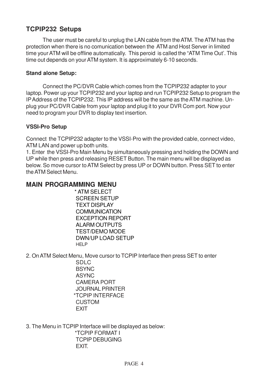 AVE operation manual TCPIP232 Setups, Stand alone Setup, VSSI-Pro Setup 