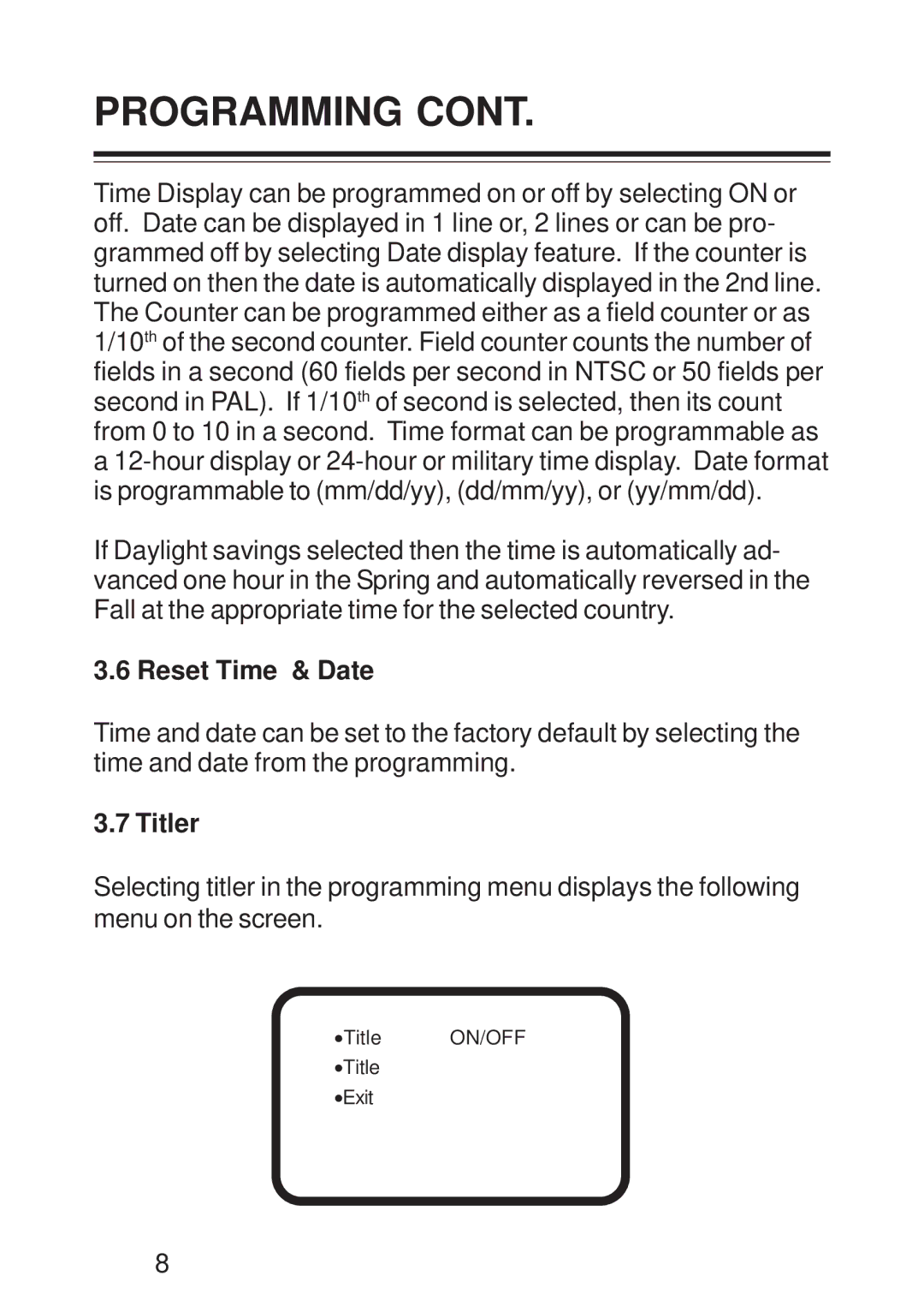 AVE TDCT-Pro operation manual Reset Time & Date, Titler 