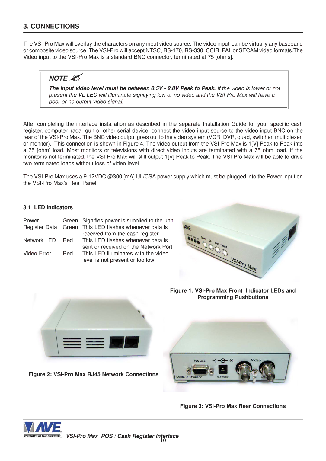 AVE VSI-Pro Max operation manual Connections, LED Indicators 