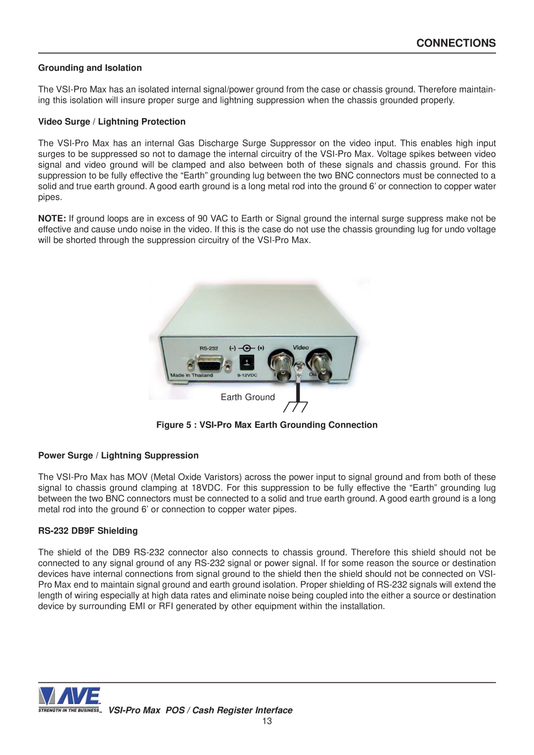 AVE VSI-Pro Max operation manual Grounding and Isolation, Video Surge / Lightning Protection, RS-232 DB9F Shielding 