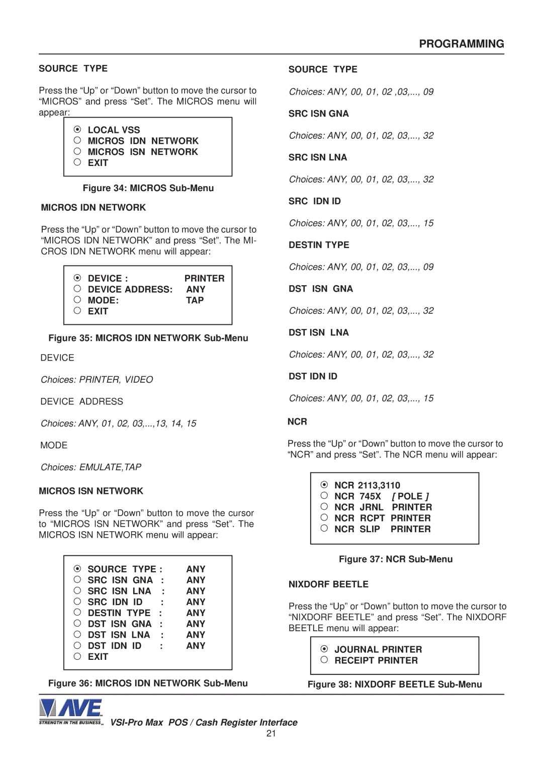 AVE VSI-Pro Max operation manual Source Type, Local VSS Micros IDN Network Micros ISN Network Exit, Ncr, Nixdorf Beetle 