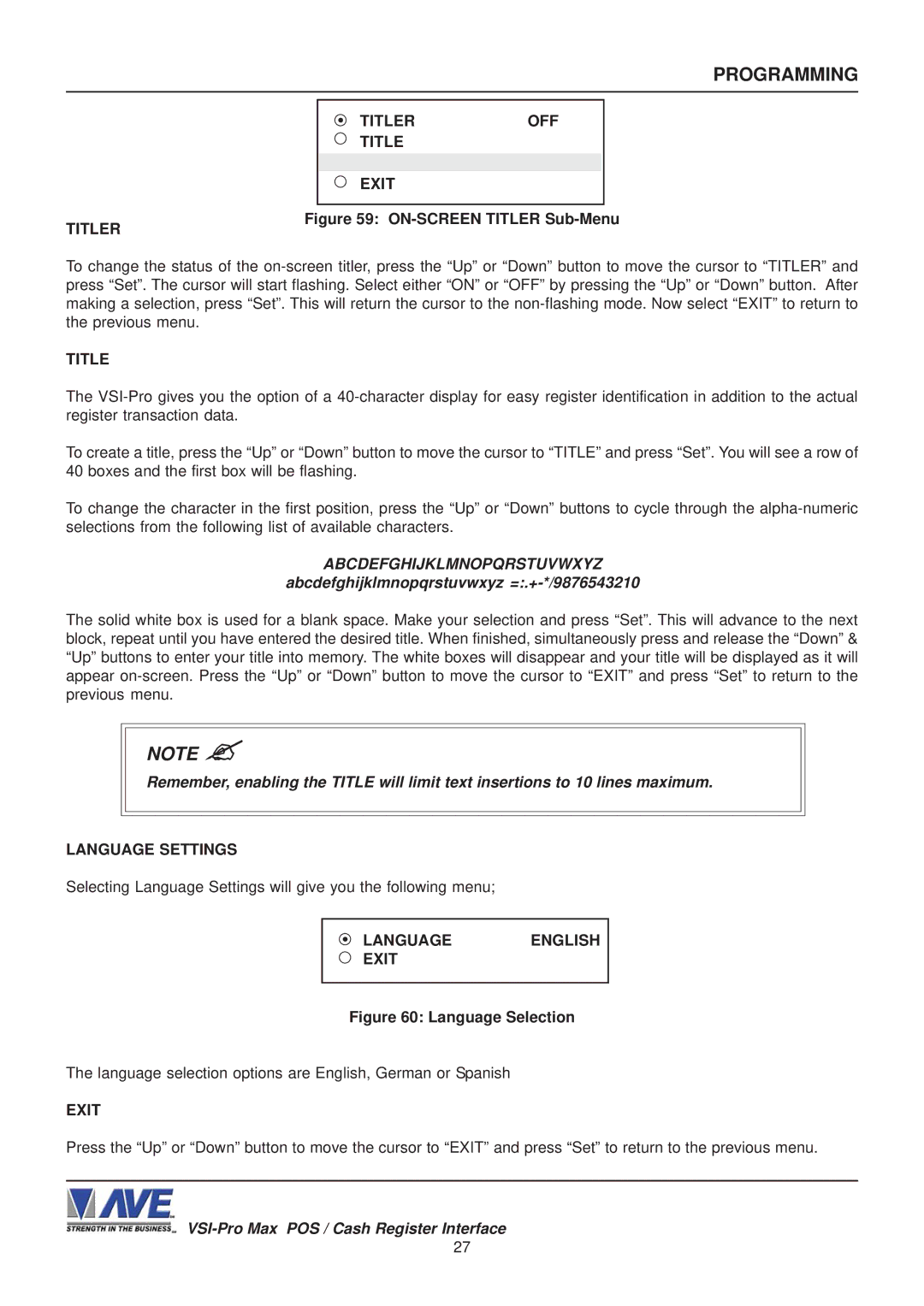 AVE VSI-Pro Max operation manual Titler OFF Exit, Language English Exit 