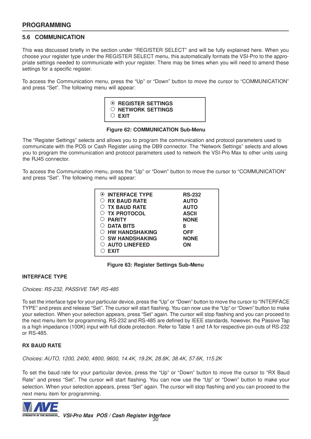 AVE VSI-Pro Max Communication, Register Settings Network Settings Exit, Interface Type, RS-232, RX Baud Rate 