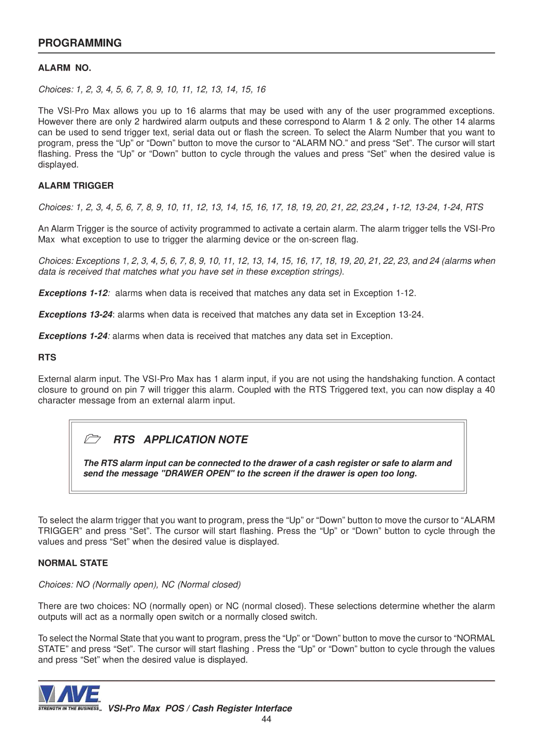 AVE VSI-Pro Max operation manual Alarm no, Choices 1, 2, 3, 4, 5, 6, 7, 8, 9, 10, 11, 12, 13, 14, 15, Normal State 