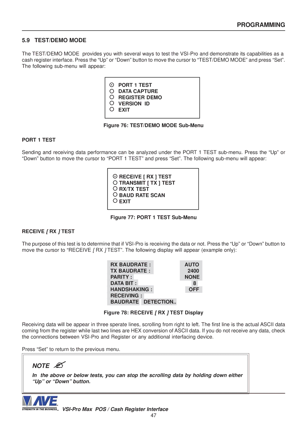 AVE VSI-Pro Max operation manual TEST/DEMO Mode, Port 1 Test Data Capture Register Demo Version ID Exit, Receive RX Test 