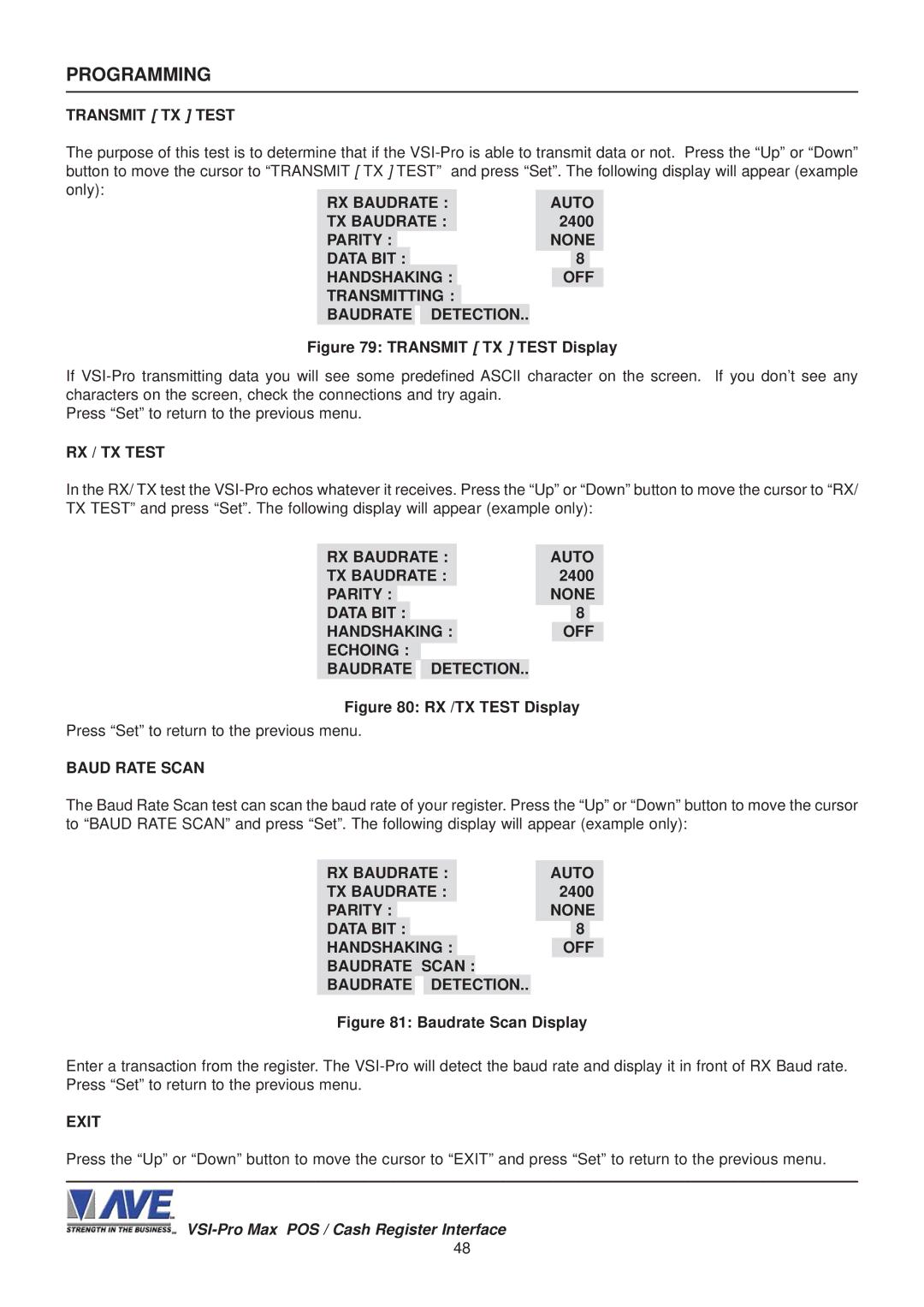 AVE VSI-Pro Max operation manual RX Baudrate Auto TX Baudrate, 2400, RX / TX Test 