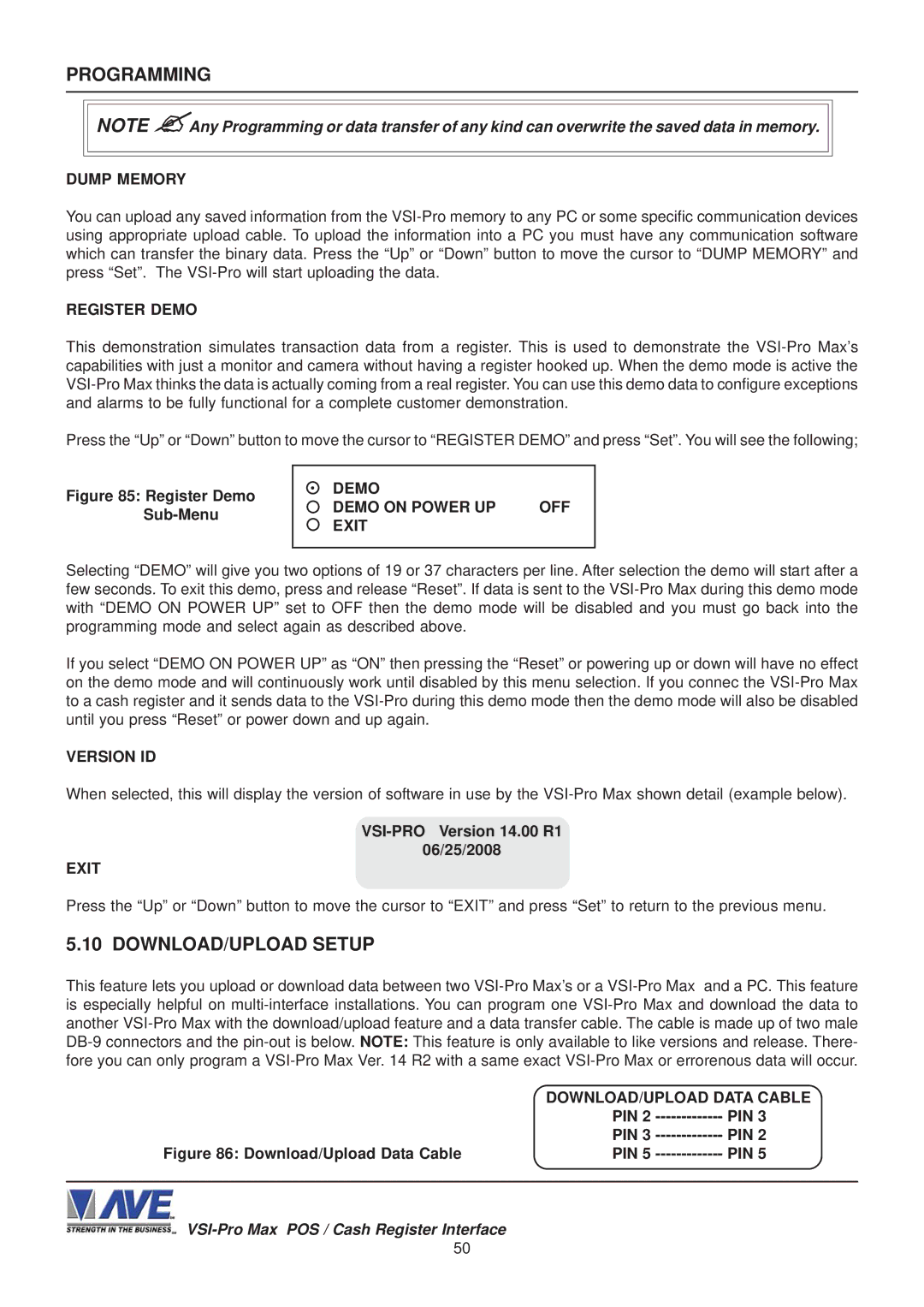 AVE VSI-Pro Max operation manual DOWNLOAD/UPLOAD Setup, Demo Demo on Power UP OFF Exit, DOWNLOAD/UPLOAD Data Cable, Pin 