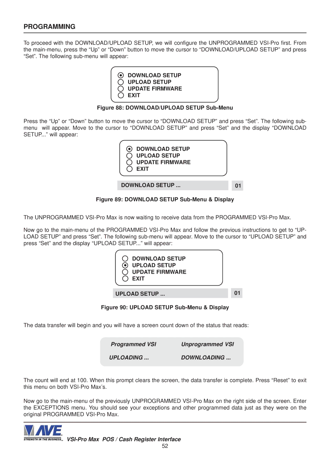 AVE VSI-Pro Max operation manual Download Setup Upload Setup Update Firmware Exit, DOWNLOAD/UPLOAD Setup Sub-Menu 