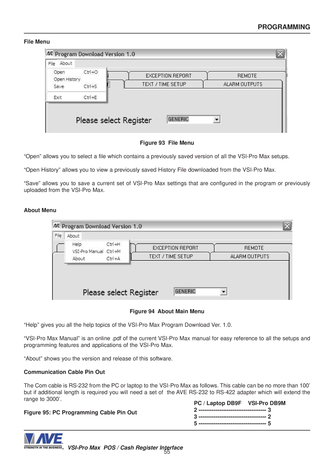 AVE VSI-Pro Max operation manual File Menu, About Menu, Communication Cable Pin Out, PC / Laptop DB9F VSI-Pro DB9M 