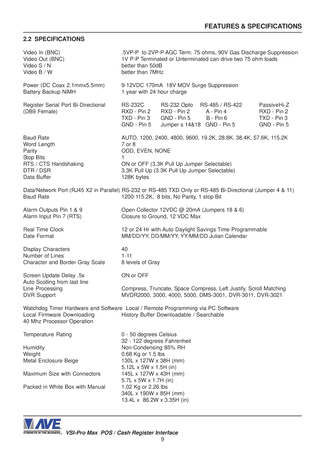 AVE VSI-Pro Max operation manual Specifications, Dtr / Dsr 