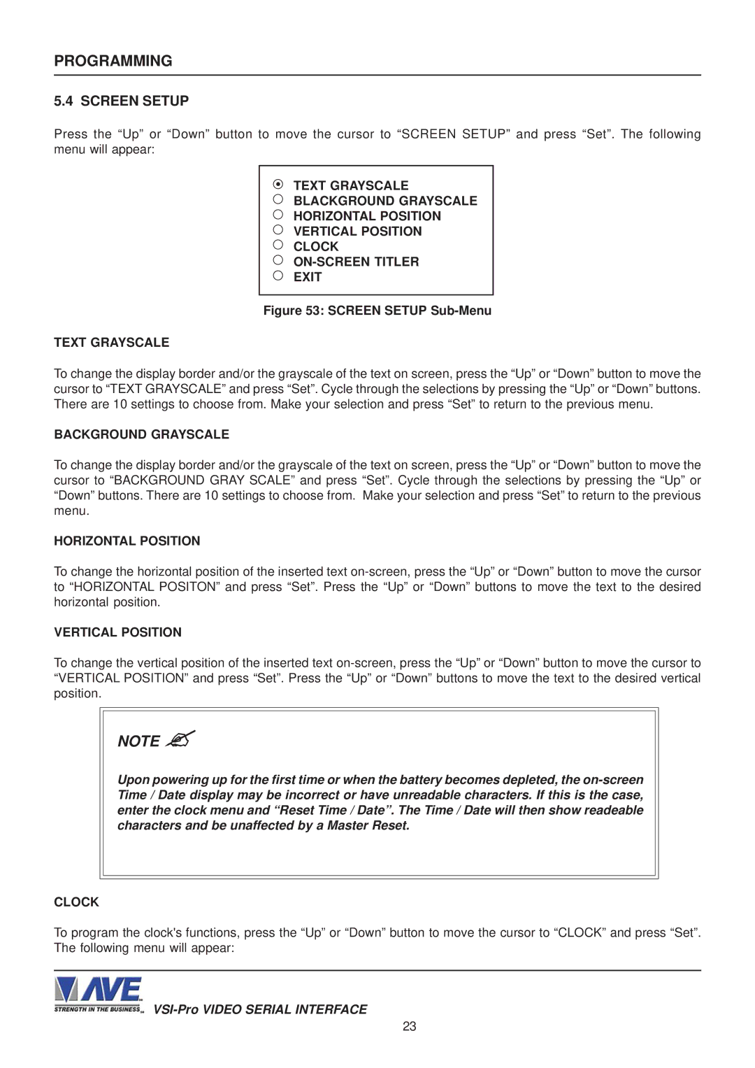 AVE VSI-PRO operation manual Screen Setup, Text Grayscale, Background Grayscale 