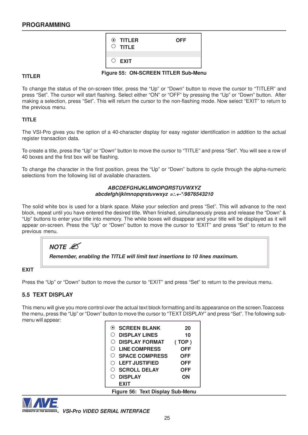 AVE VSI-PRO operation manual Text Display, Titler OFF Exit, Screen Blank Display Lines Display Format, Top 