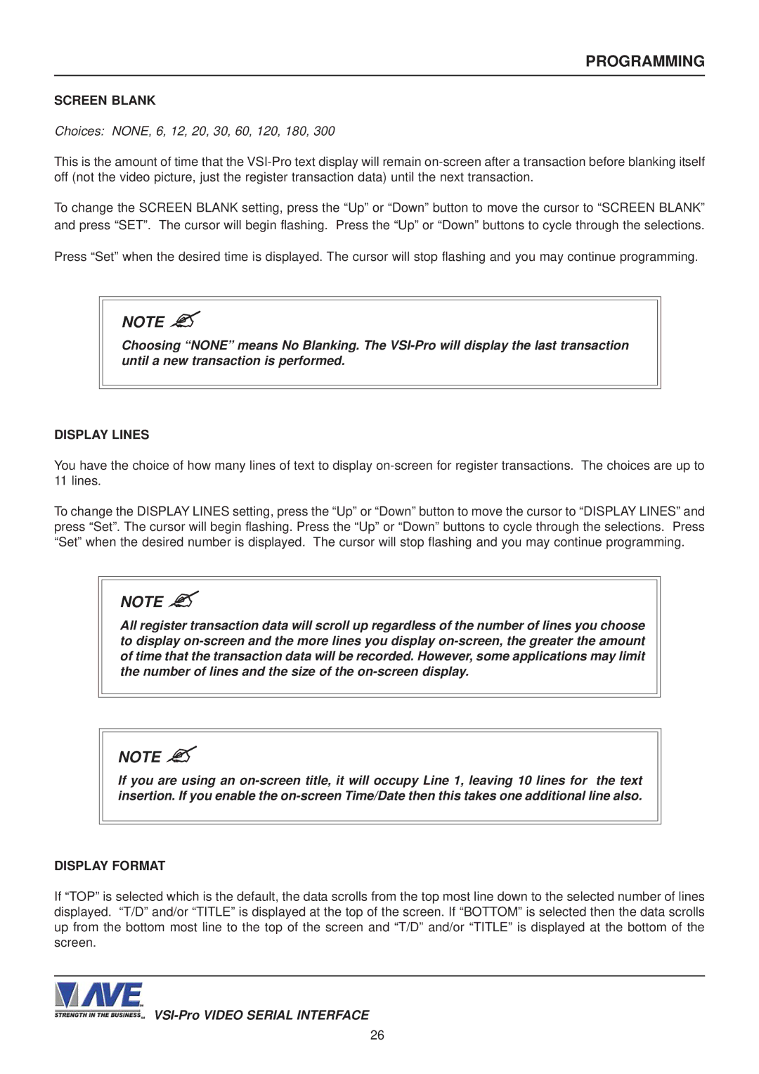 AVE VSI-PRO operation manual Screen Blank, Choices NONE, 6, 12, 20, 30, 60, 120, 180 