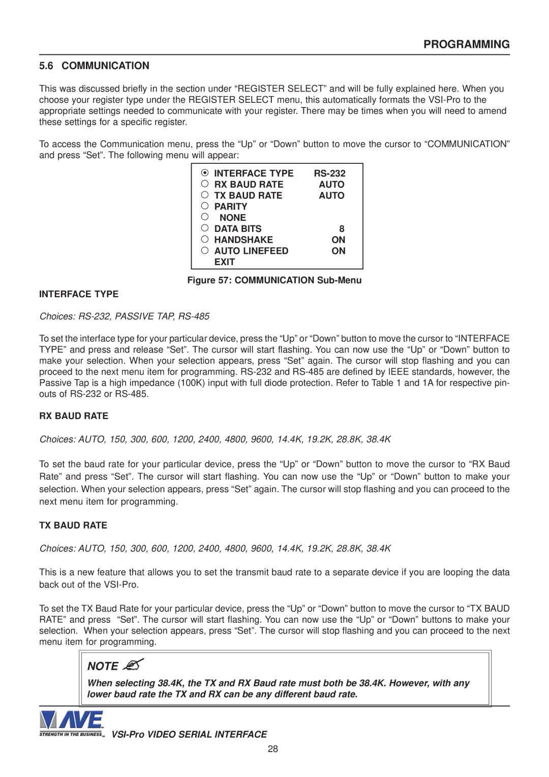 AVE VSI-PRO operation manual Communication, Interface Type, Choices RS-232, Passive TAP, RS-485, RX Baud Rate 