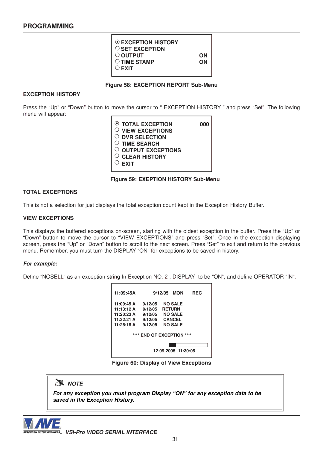 AVE VSI-PRO operation manual Exception History SET Exception Output Time Stamp Exit, Total Exceptions, View Exceptions 