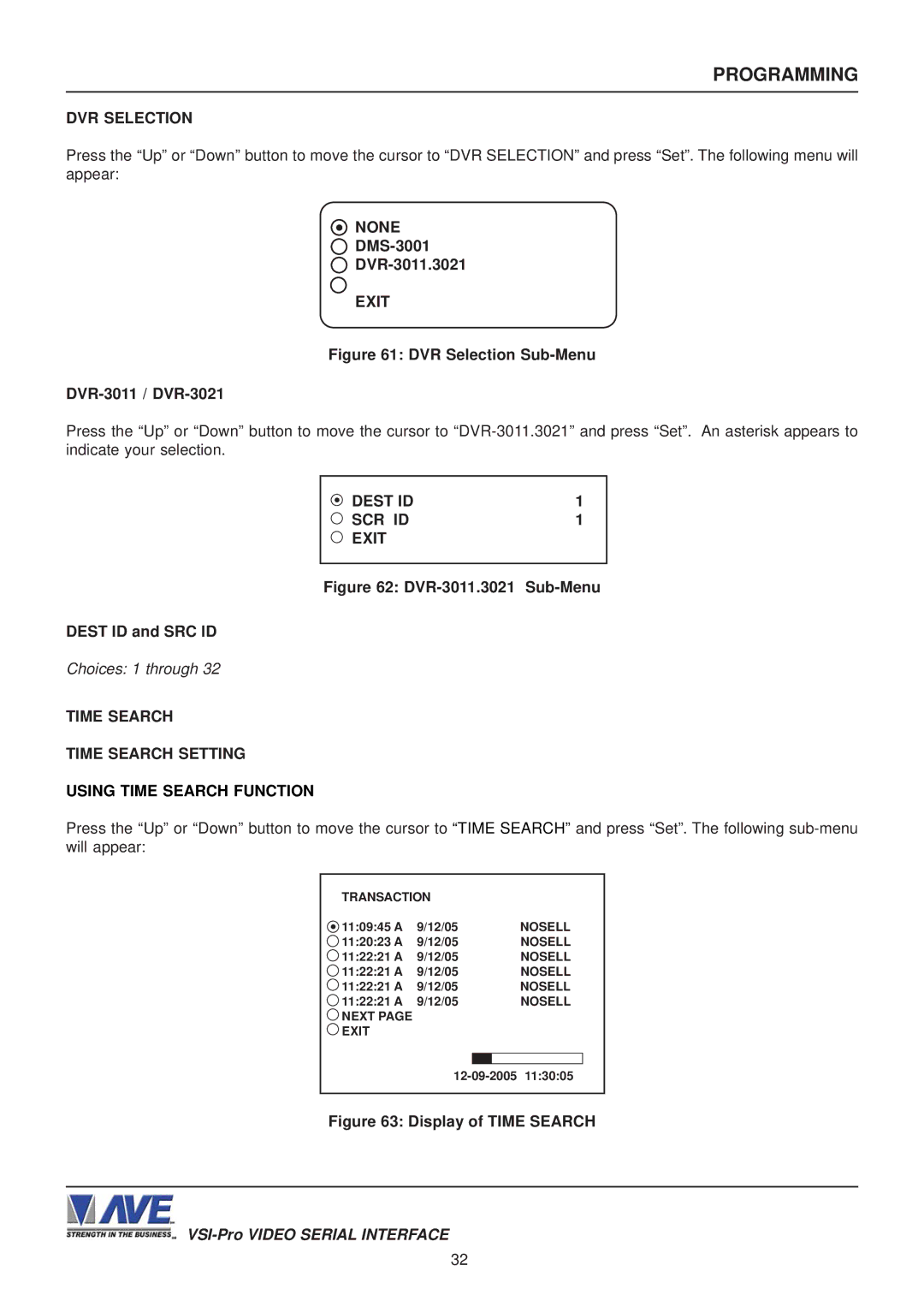 AVE VSI-PRO DMS-3001 DVR-3011.3021, Dest ID SCR ID Exit, Choices 1 through, Time Search Time Search Setting 