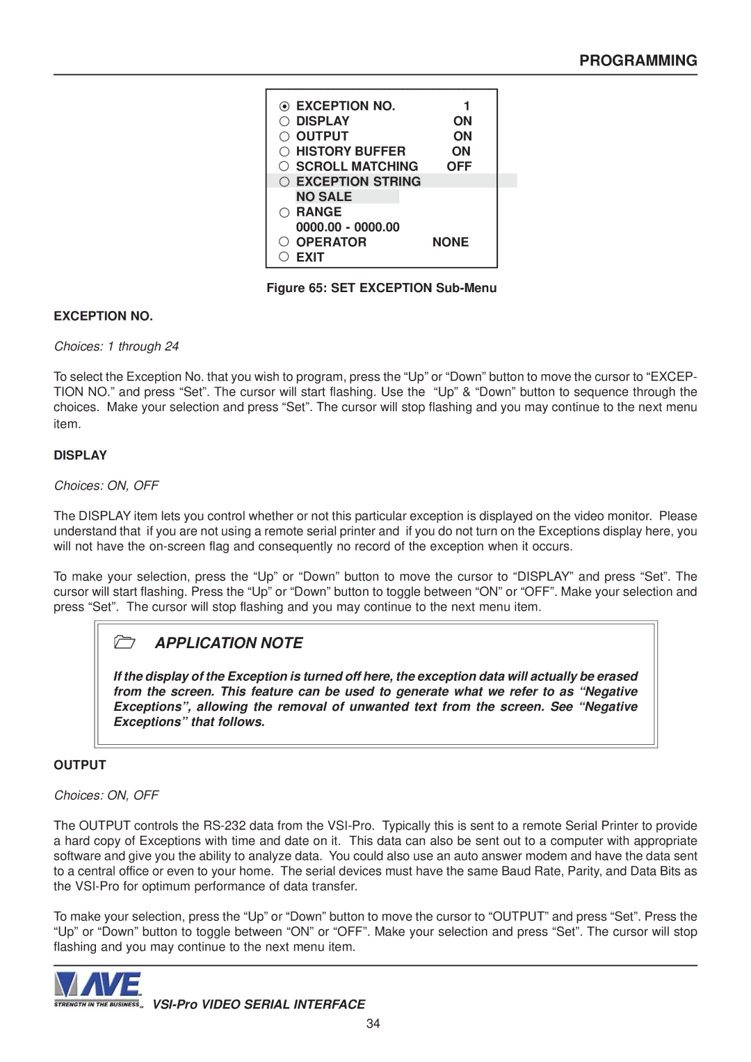 AVE VSI-PRO operation manual 0000.00, Operator None Exit, Exception no 