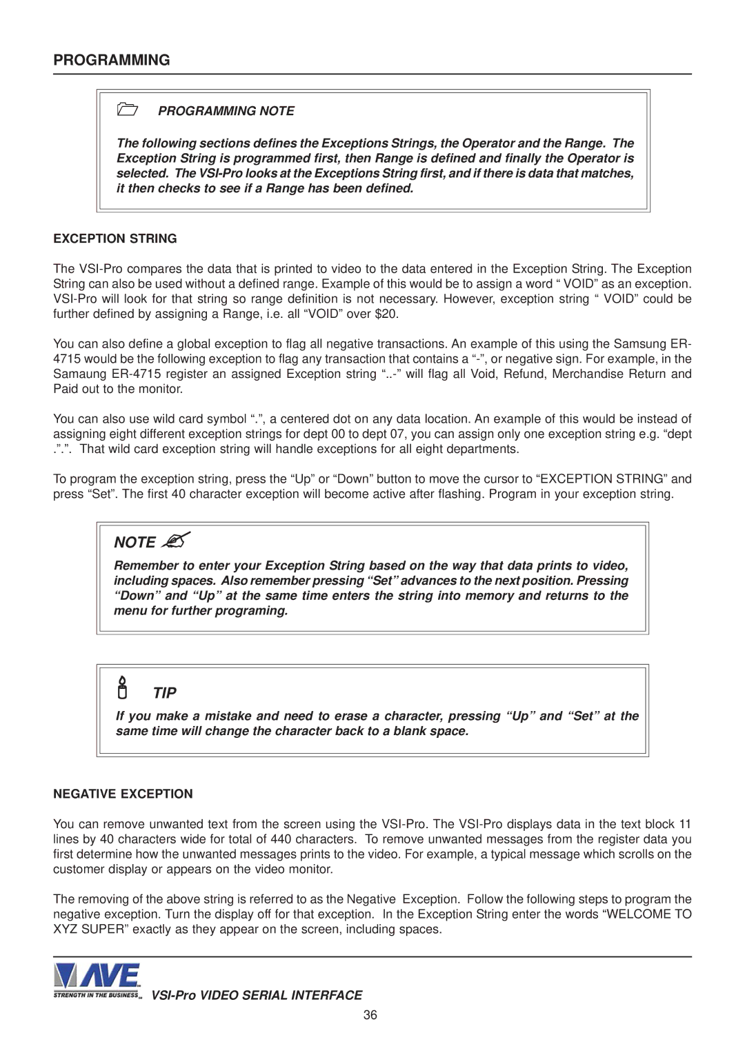 AVE VSI-PRO operation manual Programming Note, Negative Exception 