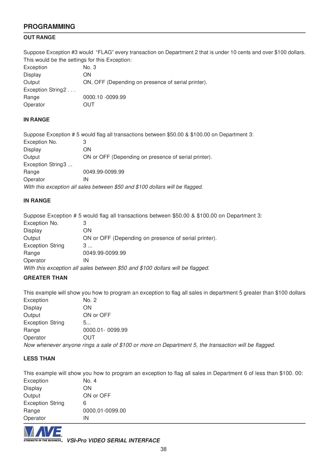 AVE VSI-PRO operation manual OUT Range, Greater than, Less than 