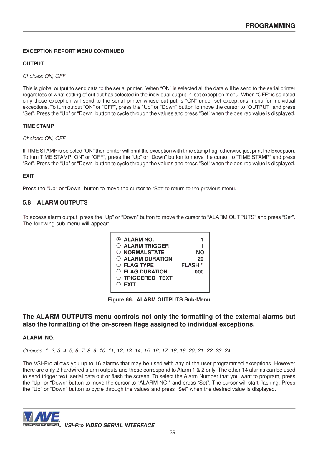 AVE VSI-PRO operation manual Alarm Outputs, Exception Report Menu Output, Triggered Text Exit, Alarm no 