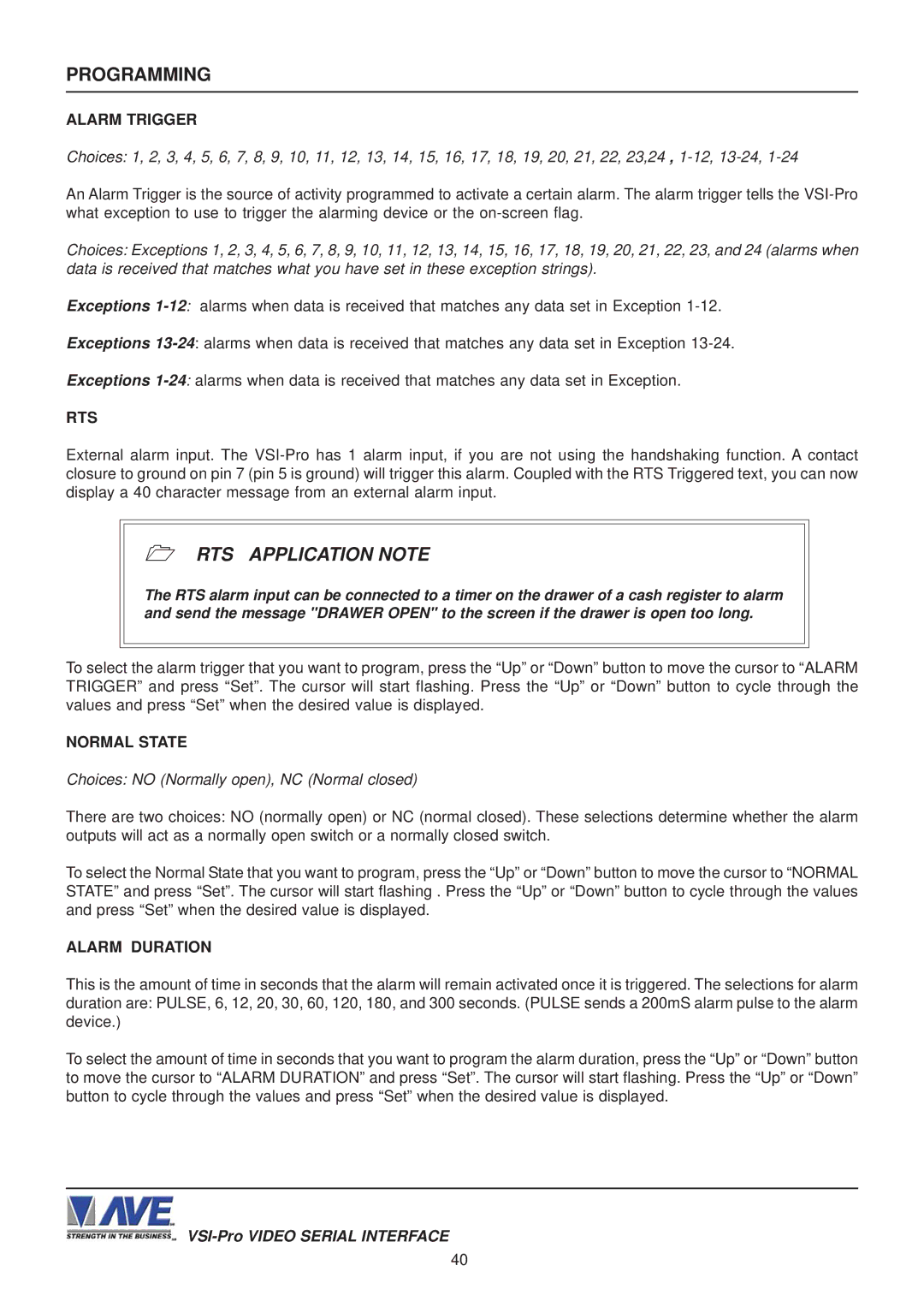 AVE VSI-PRO operation manual Rts, Normal State, Choices no Normally open, NC Normal closed 