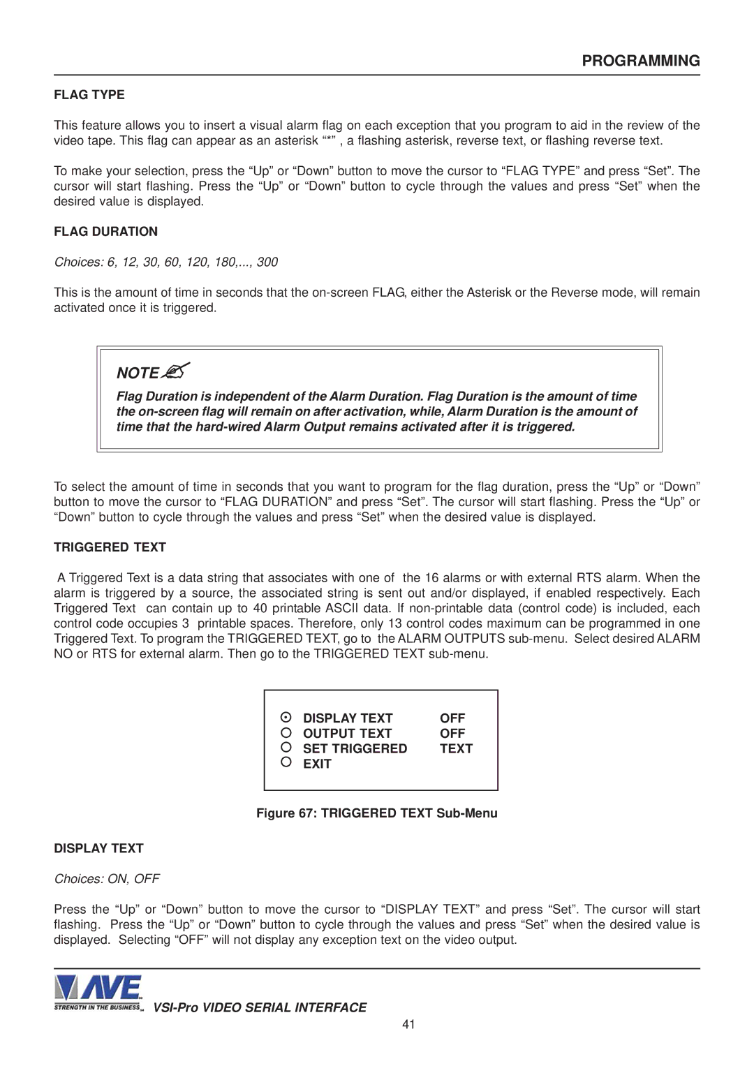 AVE VSI-PRO Choices 6, 12, 30, 60, 120, 180, Triggered Text, Display Text OFF Output Text SET Triggered Exit 