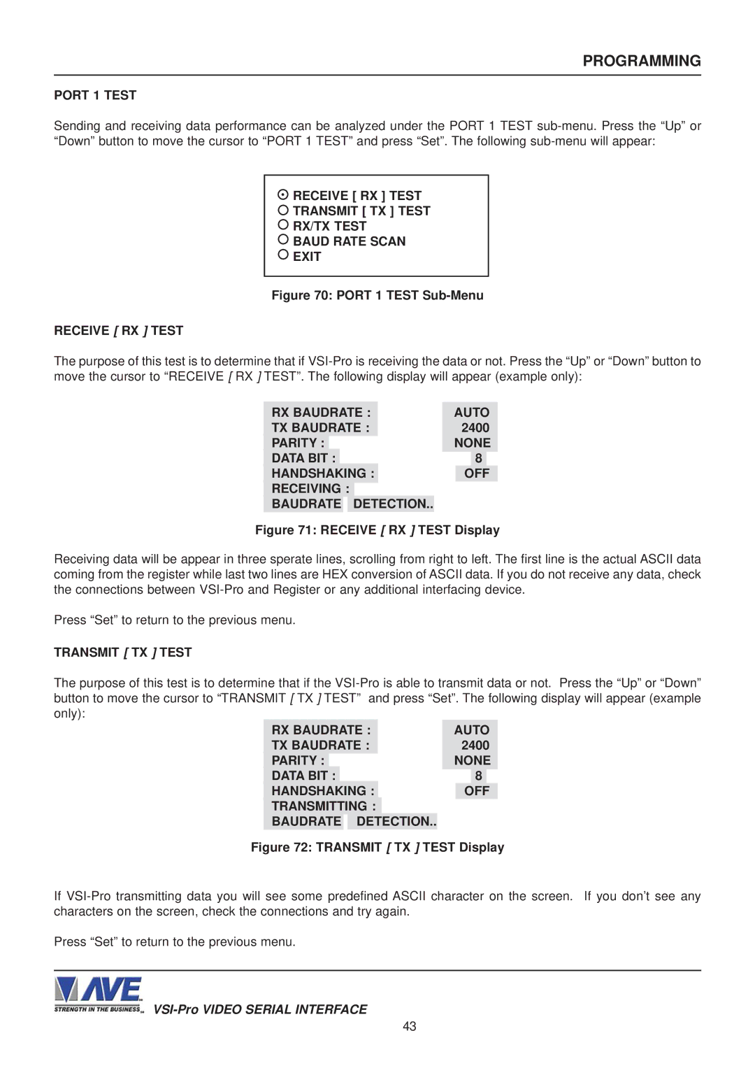 AVE VSI-PRO operation manual Port 1 Test, Receive RX Test 