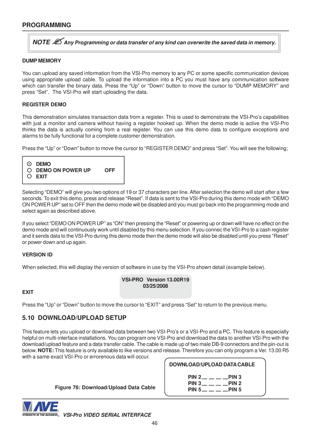 AVE operation manual DOWNLOAD/UPLOAD Setup, Demo Demo on Power UP OFF Exit, VSI-PRO Version 13.00R19 03/25/2008, Pin 