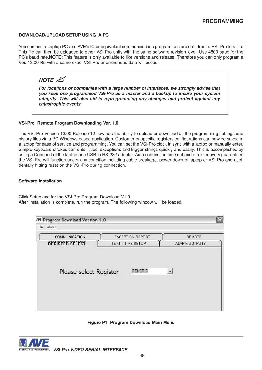 AVE VSI-PRO DOWNLOAD/UPLOAD Setup Using a PC, VSI-Pro Remote Program Downloading Ver, Software Installation 