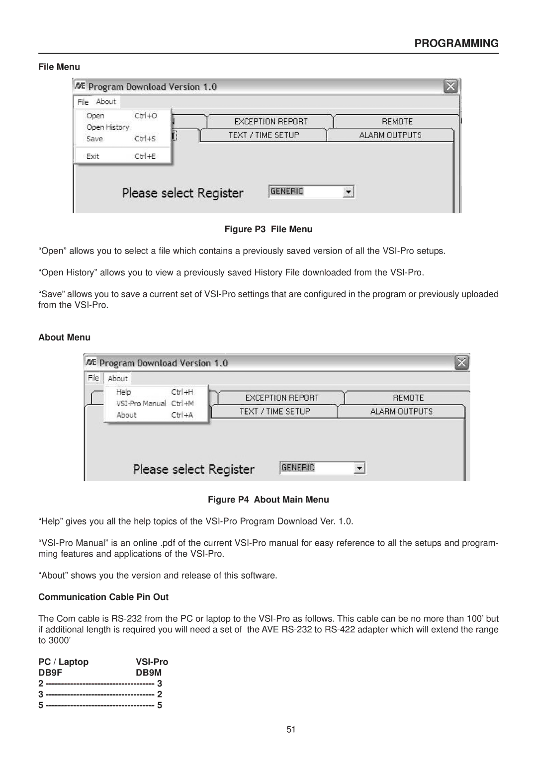 AVE VSI-PRO operation manual File Menu, About Menu, Communication Cable Pin Out, PC / Laptop VSI-Pro, DB9F DB9M 