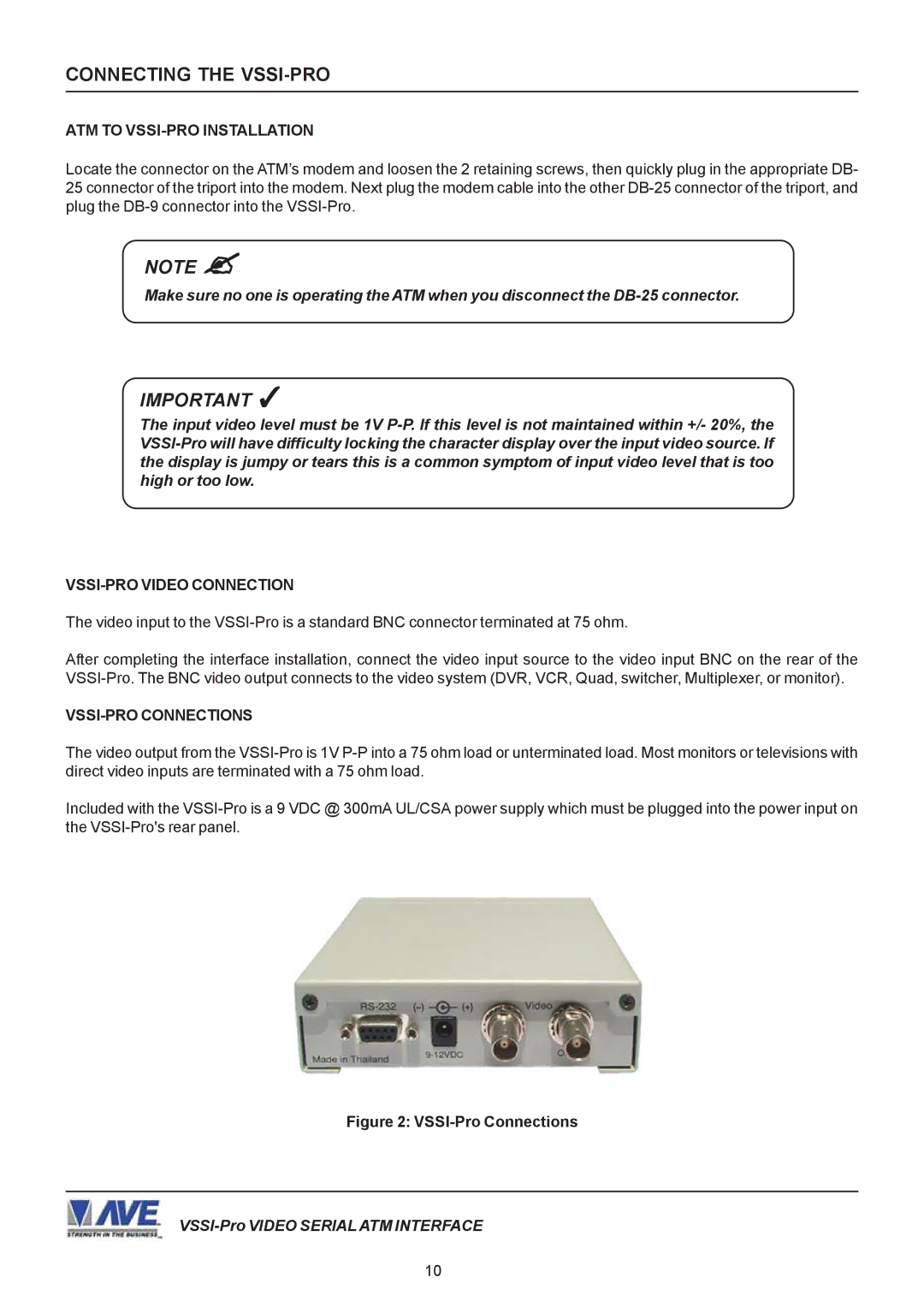 AVE operation manual ATM to VSSI-PRO Installation, VSSI-PRO Video Connection, VSSI-PRO Connections 