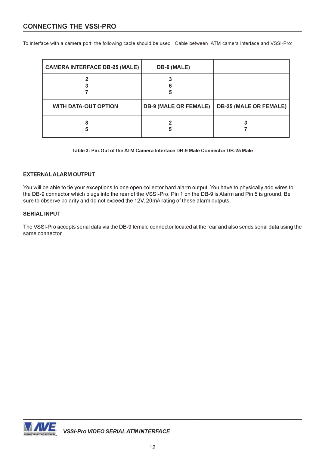 AVE VSSI-PRO operation manual Camera Interface DB-25 Male, External Alarm Output, Serial Input 