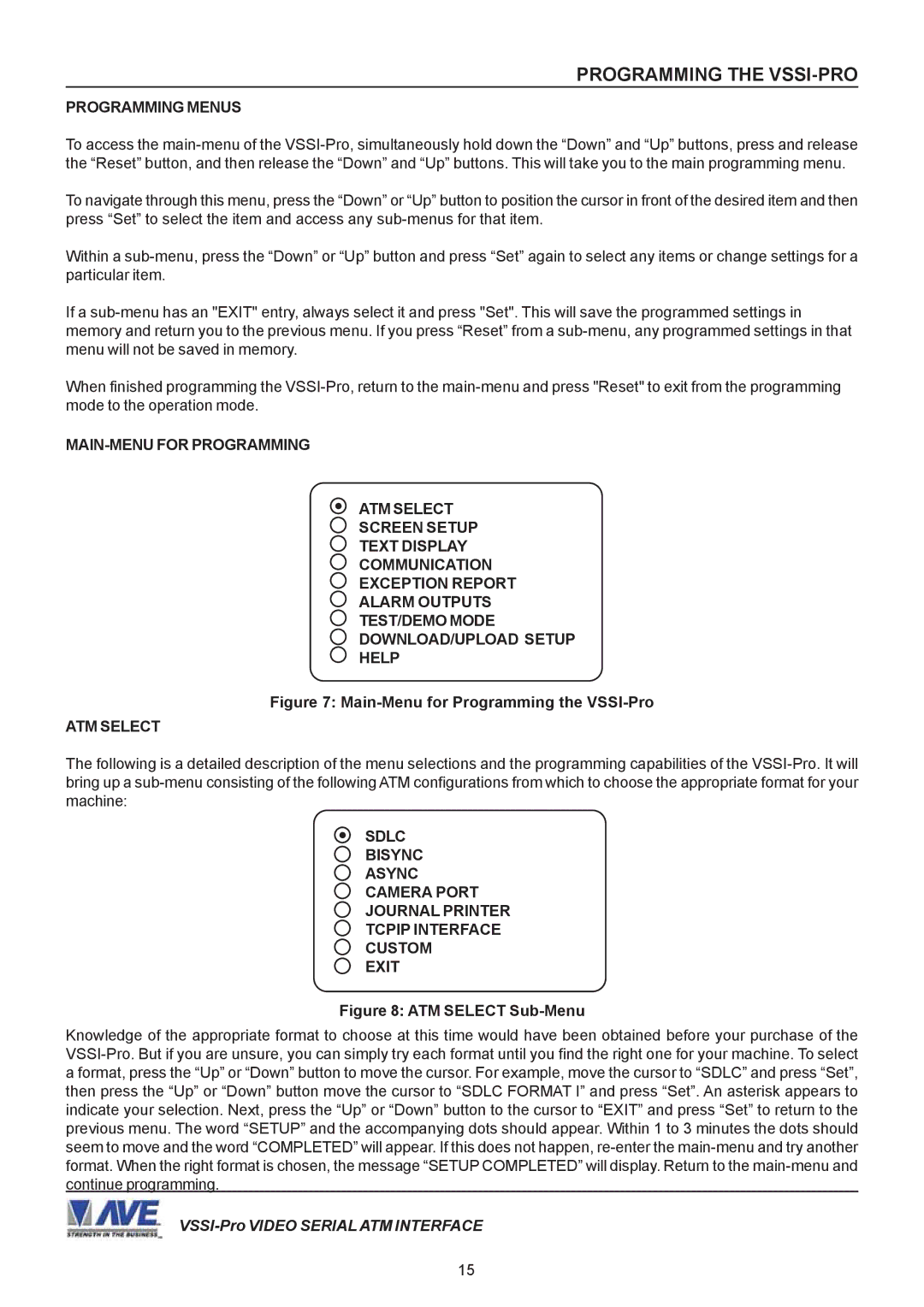 AVE VSSI-PRO operation manual Programming Menus, Main-Menu for Programming the VSSI-Pro 