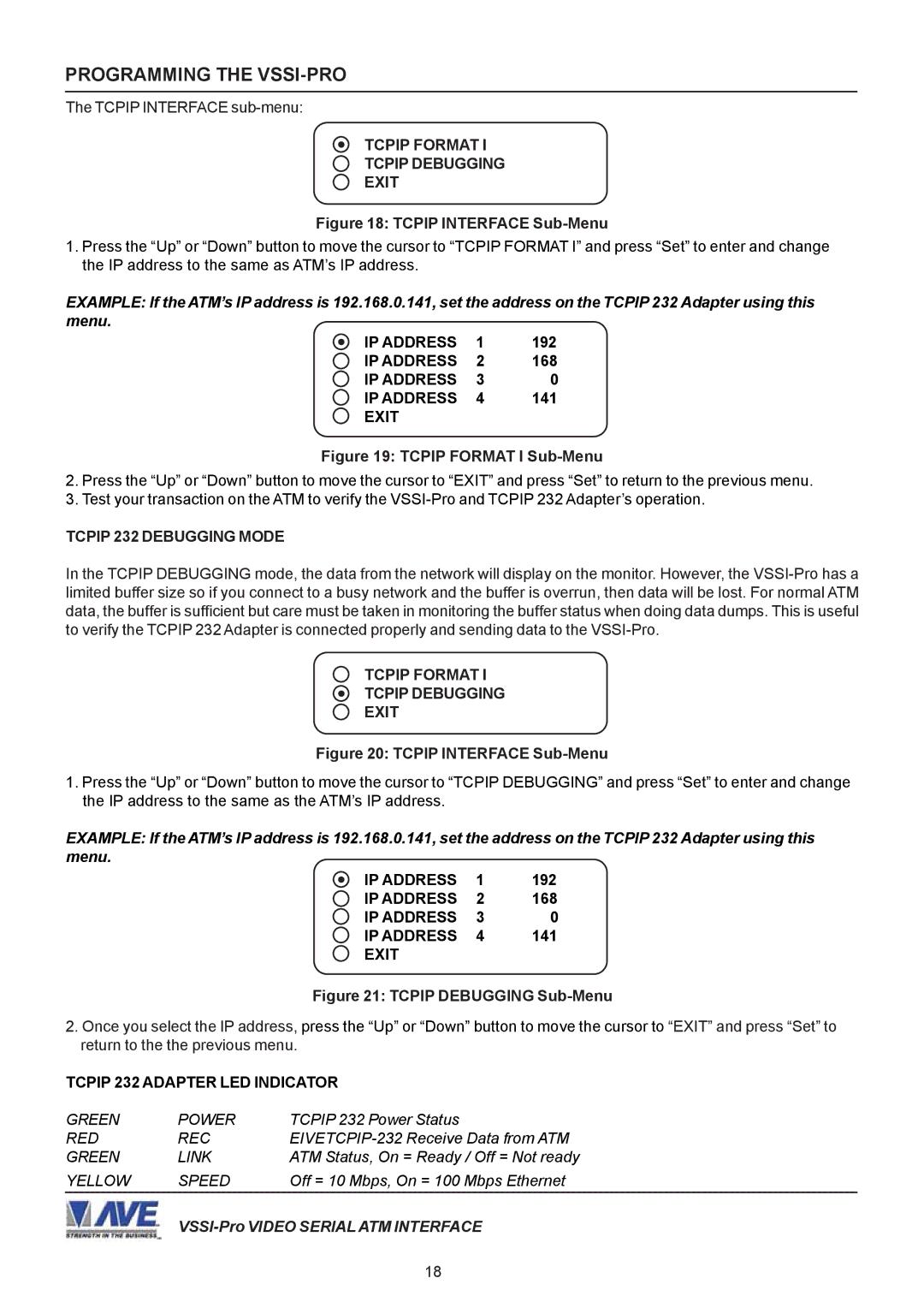 AVE VSSI-PRO operation manual Tcpip Format Tcpip Debugging Exit, Tcpip 232 Debugging Mode 