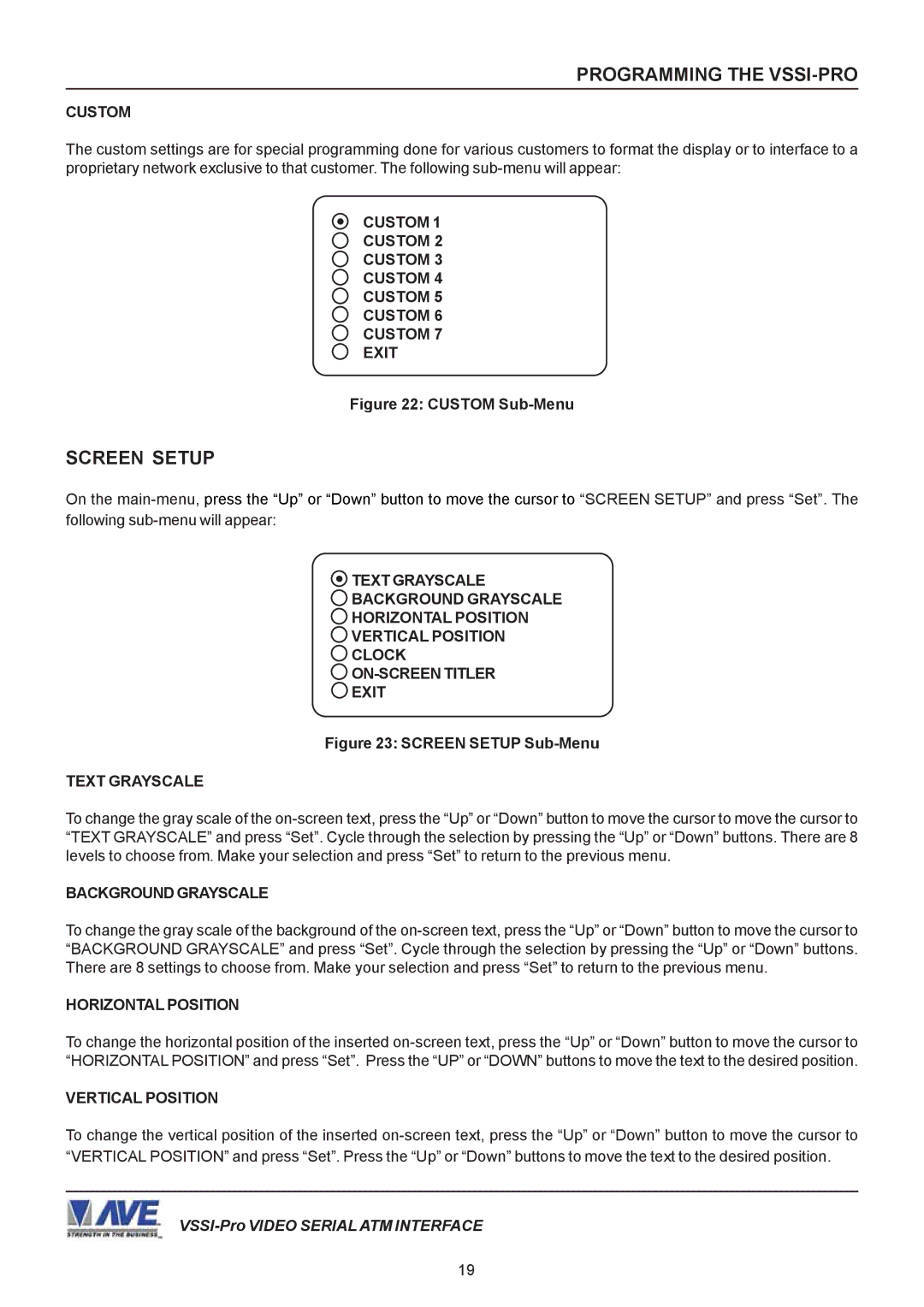 AVE VSSI-PRO operation manual Screen Setup, Custom Exit, Text Grayscale 