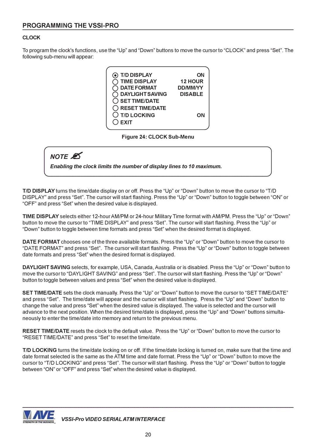 AVE VSSI-PRO operation manual Clock Sub-Menu 