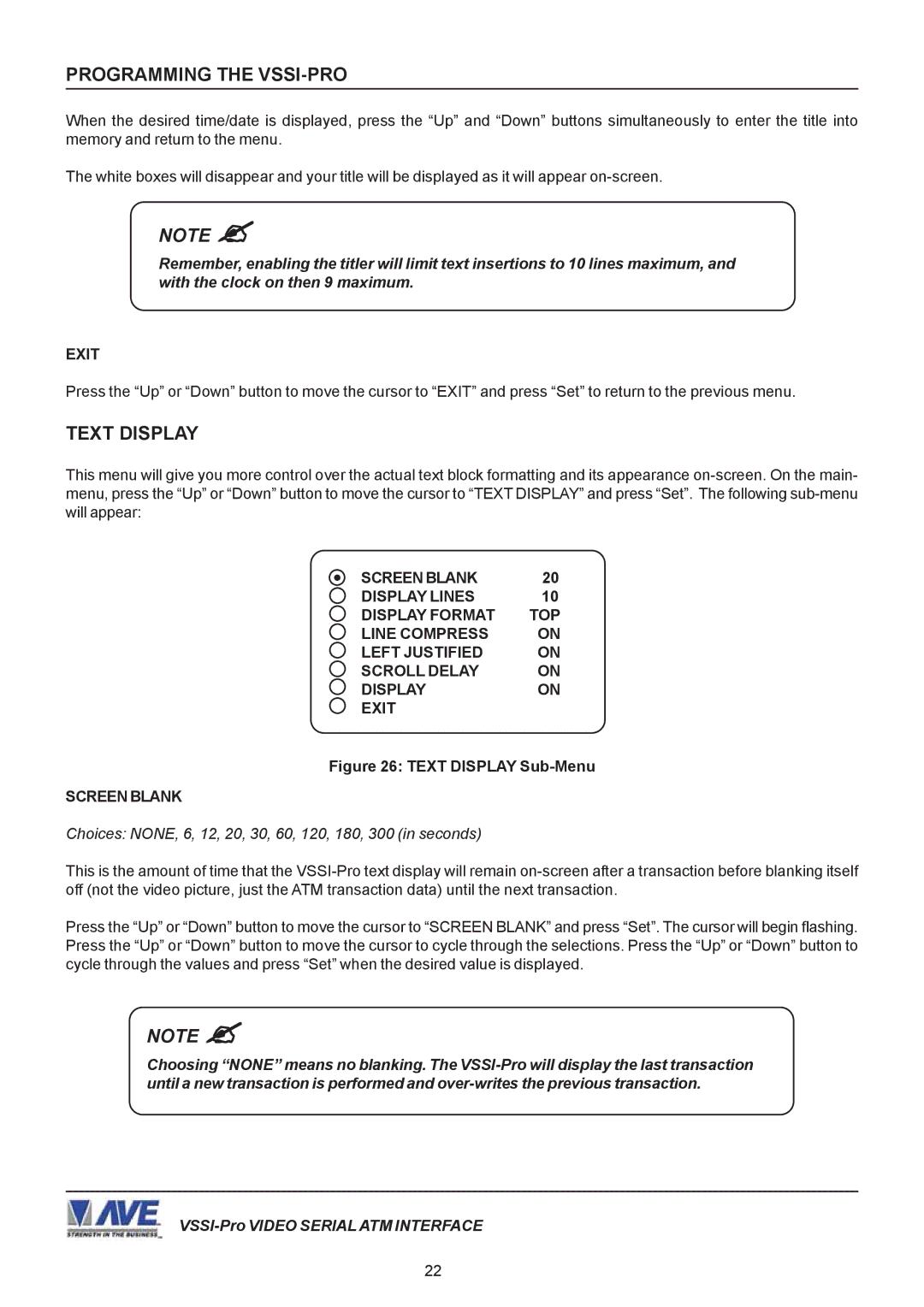 AVE VSSI-PRO operation manual Text Display, Screen Blank, Choices NONE, 6, 12, 20, 30, 60, 120, 180, 300 in seconds 