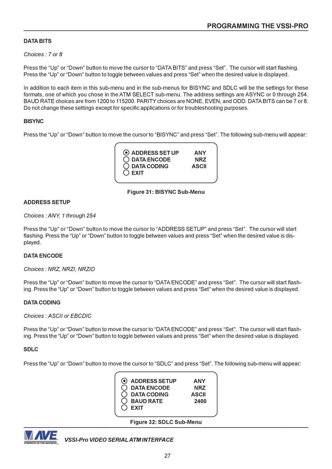 AVE VSSI-PRO Address SET UP ANY Data Encode NRZ Data Coding Ascii Exit, Choices NRZ, NRZI, Nrzid, Choices Ascii or Ebcdic 