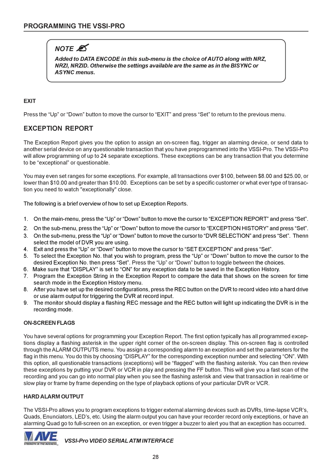 AVE VSSI-PRO operation manual Exception Report, ON-SCREEN Flags, Hard Alarm Output 