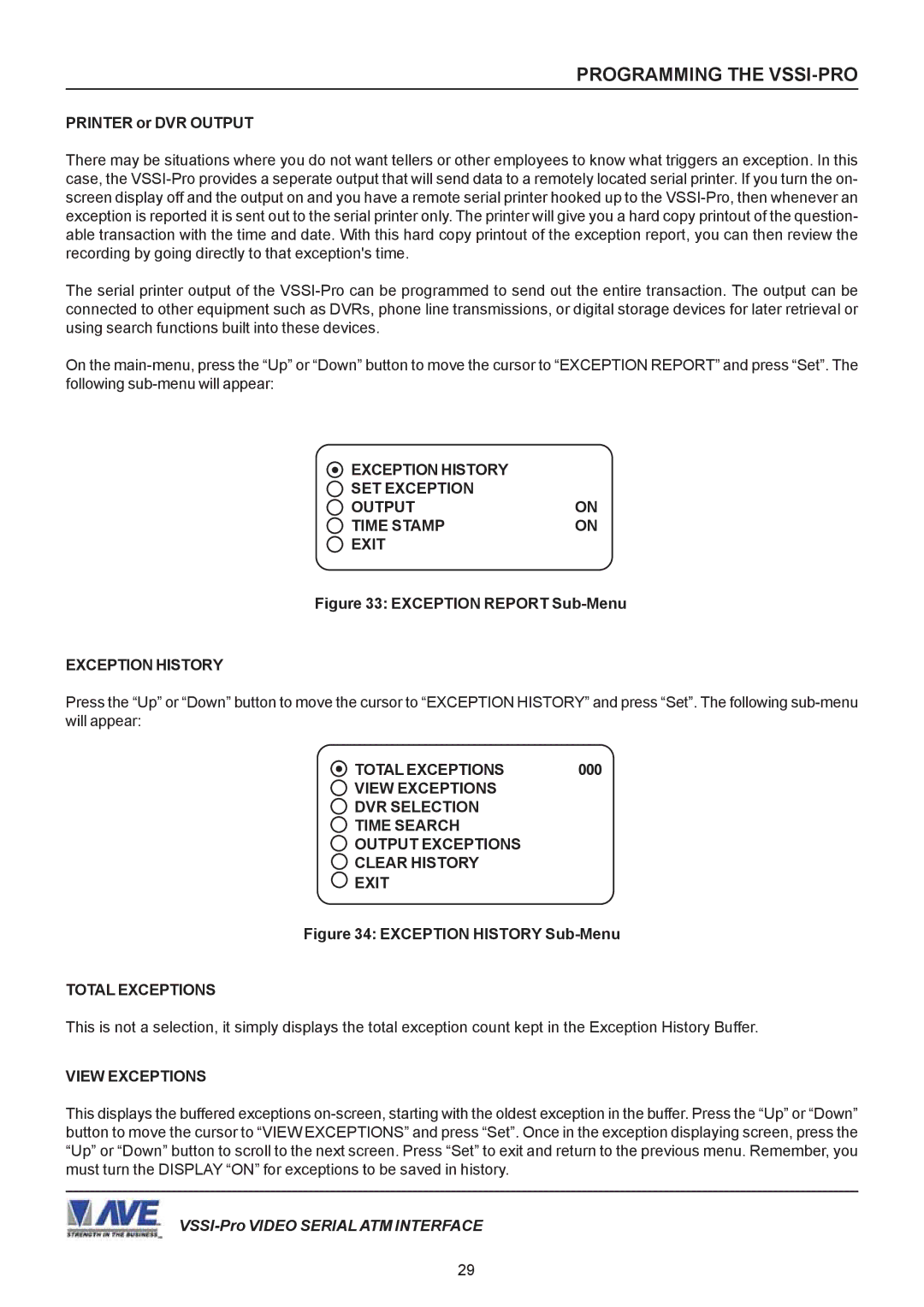 AVE VSSI-PRO operation manual Exception History SET Exception Output Time Stamp Exit, Total Exceptions, View Exceptions 