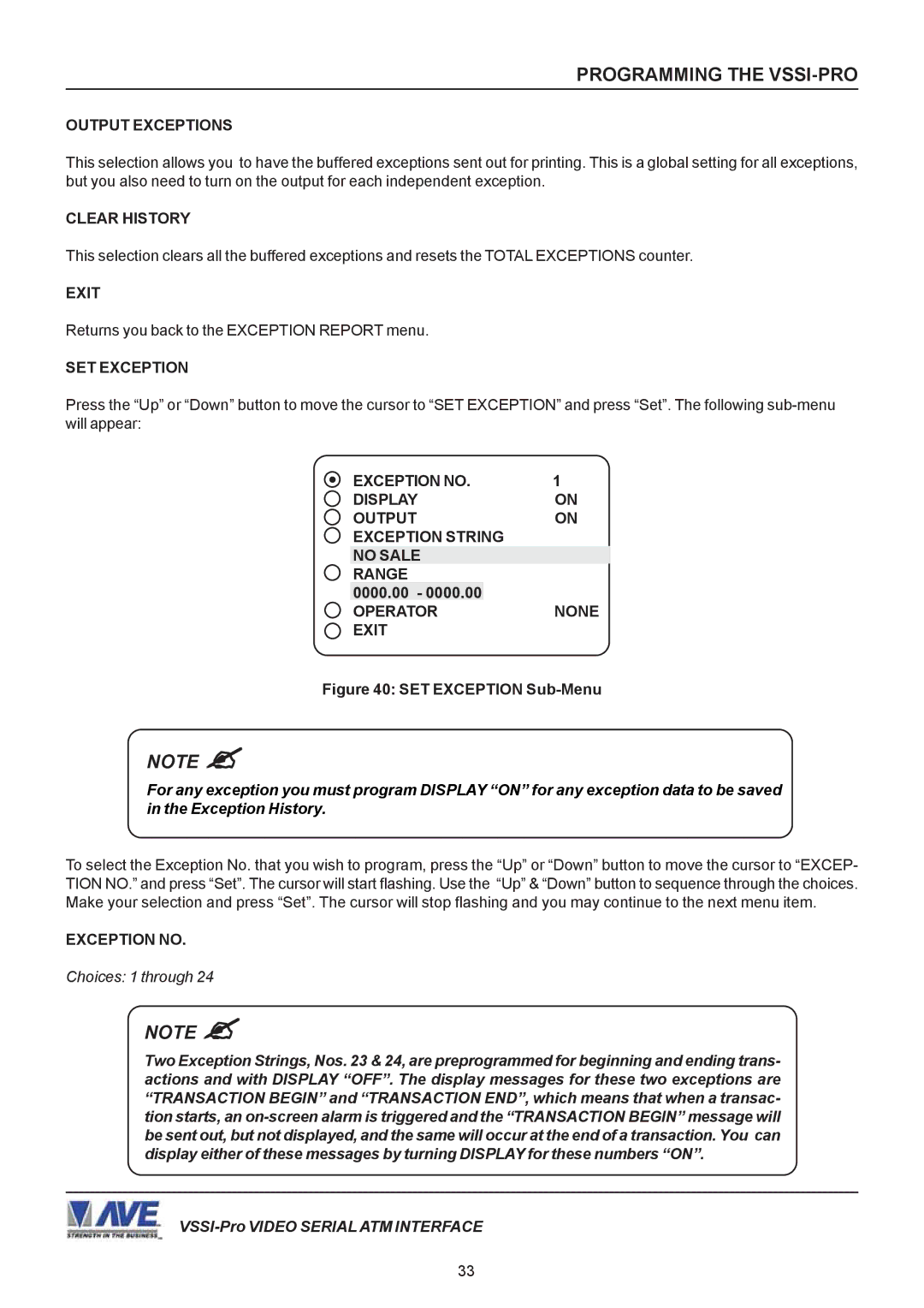 AVE VSSI-PRO operation manual Exception no Display Output Exception String No Sale Range, Operator None Exit 