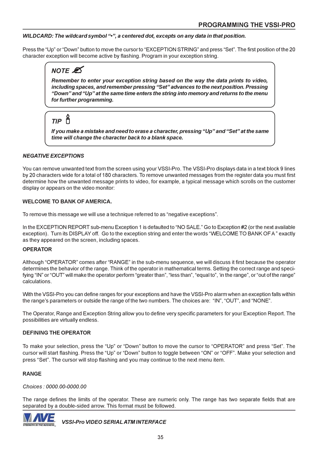 AVE VSSI-PRO operation manual Welcome to Bank of America, Defining the Operator, Choices 