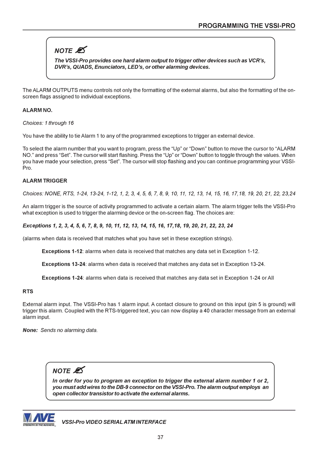 AVE VSSI-PRO operation manual Alarm no, Alarm Trigger, Rts, None Sends no alarming data 