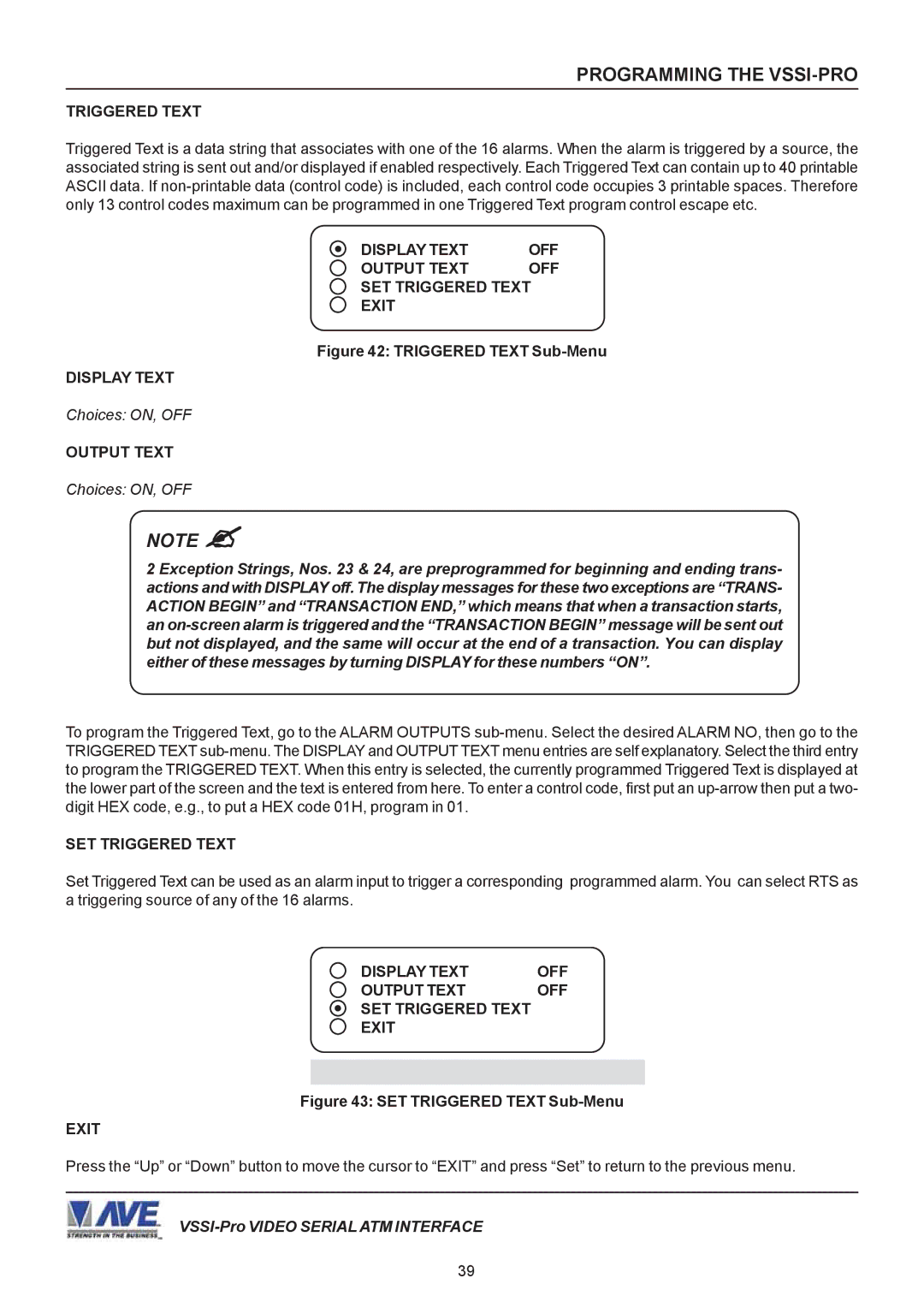 AVE VSSI-PRO operation manual Display Text OFF Output Text SET Triggered Text Exit 