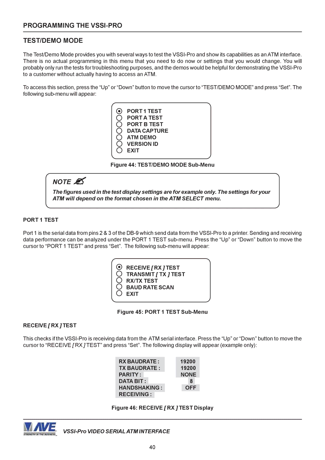 AVE operation manual Programming the VSSI-PRO TEST/DEMO Mode, Port 1 Test, Receive RX Test 